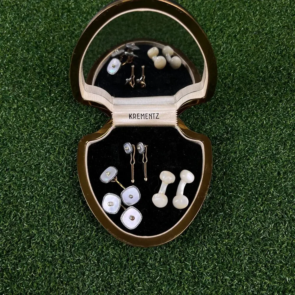 Vintage Krementz Gold Tone Mother-of-Pearl Cufflinks Tuxedo Stud Set Mirror Box